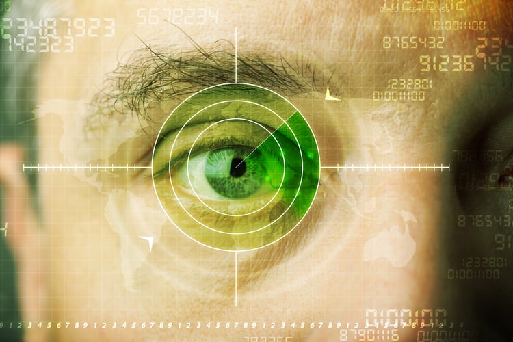 Modern man with cyber technology target military eye concept